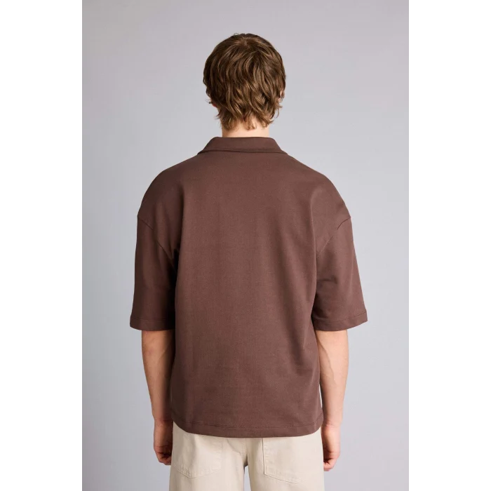 Defacto F8676AXBN151 Kahve Loose Fıt Slogan Baskılı Sweatshirt Kumaşı Polo Yaka Tişört
