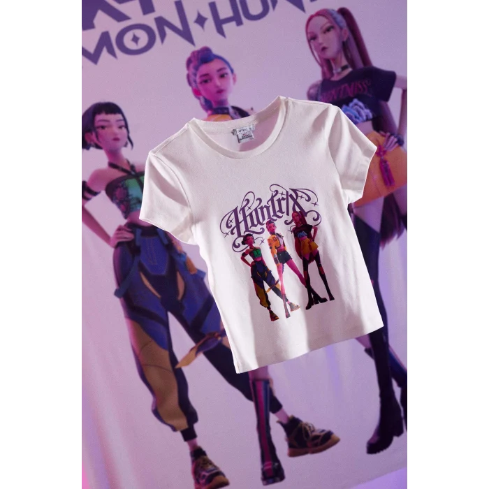 Defacto H0766AXWT32 Beyaz Kpop - Demon Hunters Fıtted Ribana Tişört