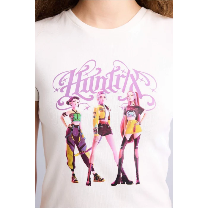 Defacto H0766AXWT32 Beyaz Kpop - Demon Hunters Fıtted Ribana Tişört