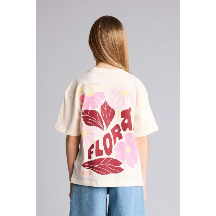Defacto G1793A8ER98 Ekru Oversıze Bisiklet Yaka Floral Kısa Kollu Tişört Kız Çocuk