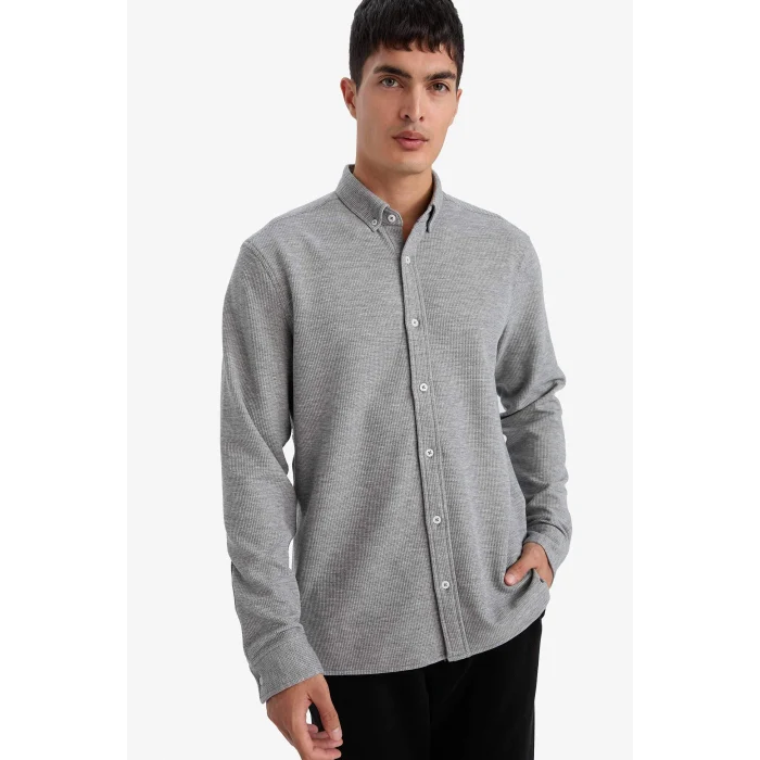 Defacto F9049AXGR210 Gri Regular Fıt Polo Yaka Penye Uzun Kollu Gömlek