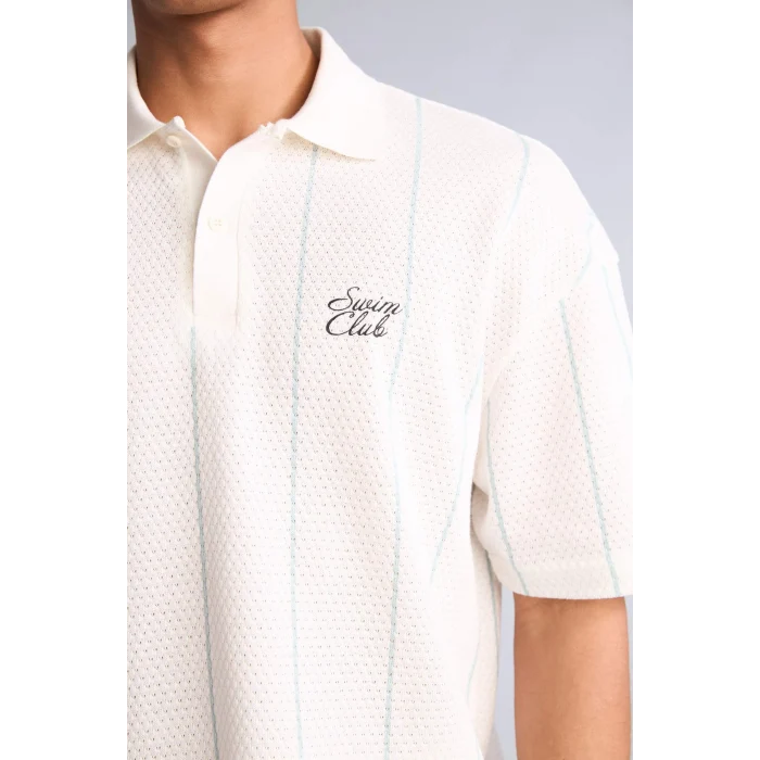 Defacto G4273AXBE526 Mavi Pamuklu Loose Fıt Polo Yaka Slogan Baskılı Kısa Kollu Polo Tişört