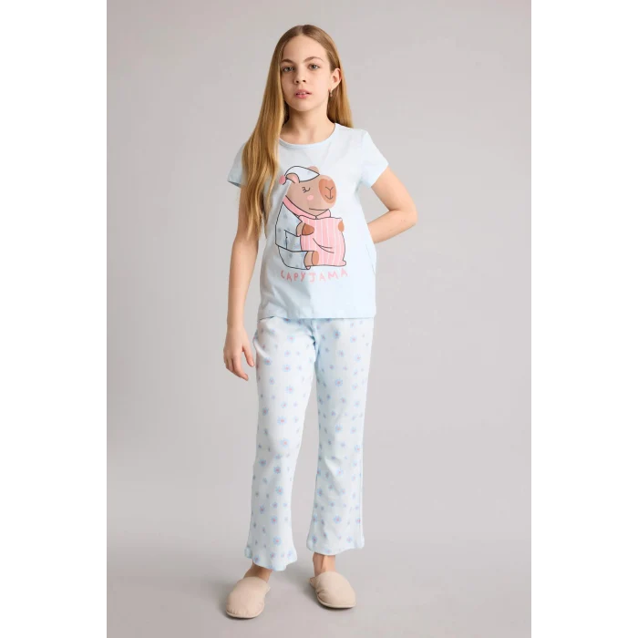 Defacto H0152A8BE773 Mavi %100 Pamuklu 2li Pijama Takımı Kız Çocuk