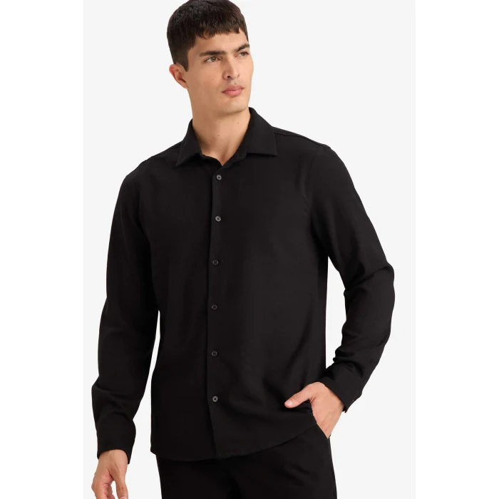 Defacto F9886AXBK27 Siyah Modern Fıt Polo Yaka Uzun Kollu Gömlek