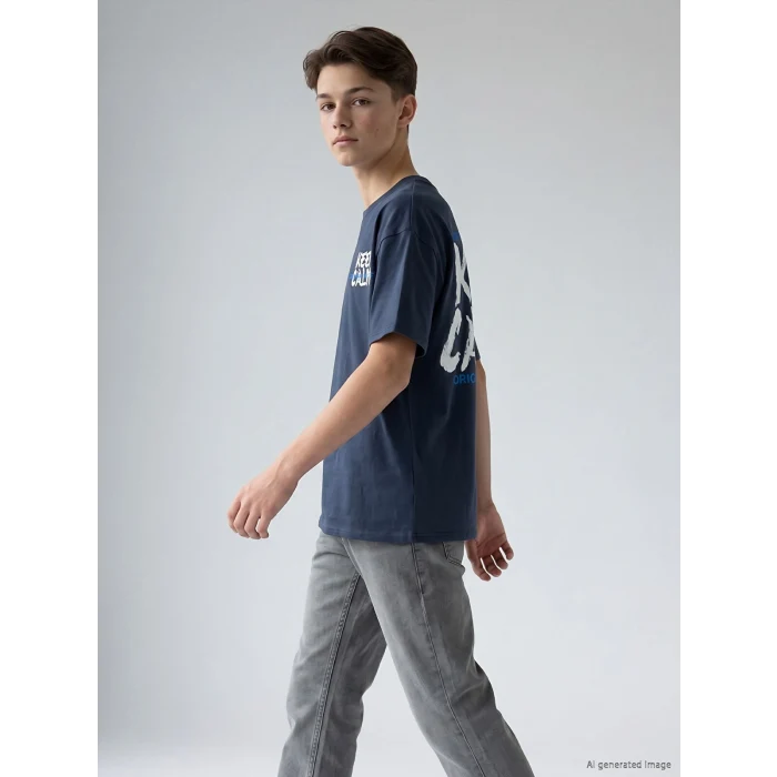 LCW Kids Lacivert Bisiklet Yaka Erkek Çocuk Baskılı Tişört