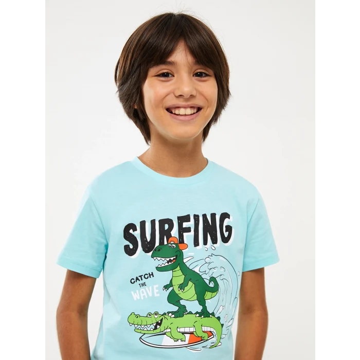 LCW Kids Turkuaz Bisiklet Yaka Baskılı Kısa Kollu Erkek Çocuk Tişört