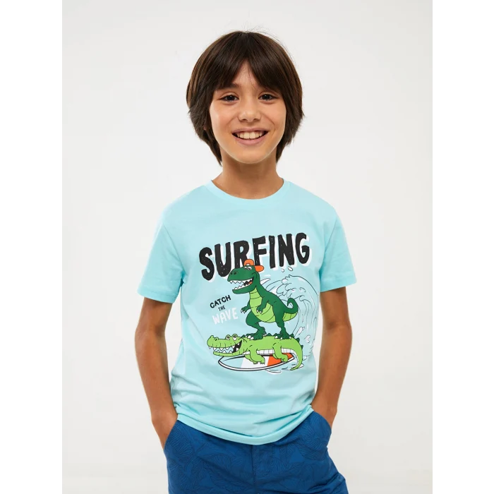 LCW Kids Turkuaz Bisiklet Yaka Baskılı Kısa Kollu Erkek Çocuk Tişört