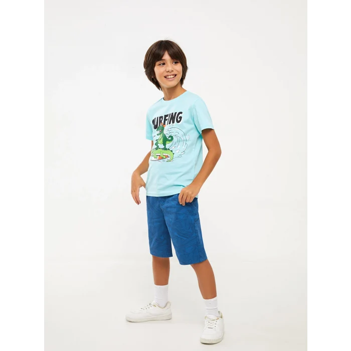 LCW Kids Turkuaz Bisiklet Yaka Baskılı Kısa Kollu Erkek Çocuk Tişört
