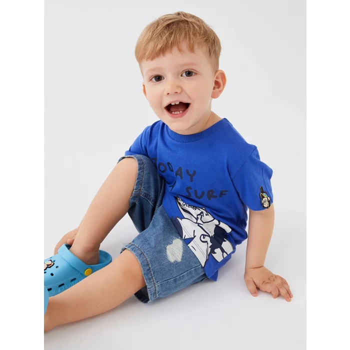 LCW baby Mavi Bisiklet Yaka Kısa Kollu Nostaljik Maymun Baskılı Erkek Bebek Tişört