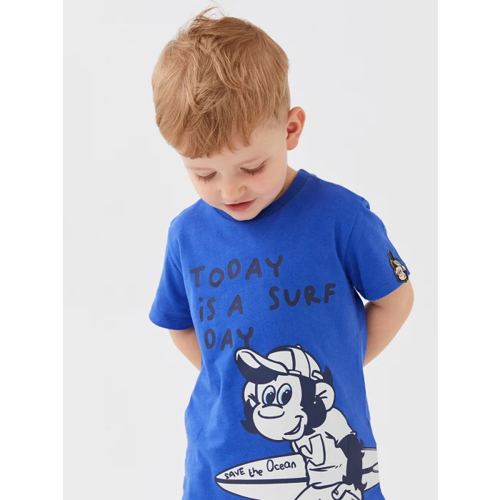 LCW baby Mavi Bisiklet Yaka Kısa Kollu Nostaljik Maymun Baskılı Erkek Bebek Tişört