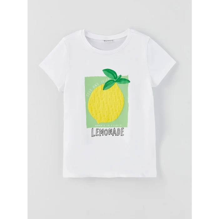 LCW Kids Beyaz Bisiklet Yaka Baskılı Kısa Kollu Kız Çocuk Tişört