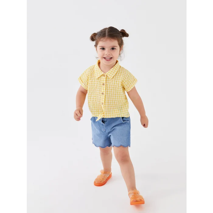 LCW baby Sarı Kısa Kollu Ekose Kız Bebek Gömlek