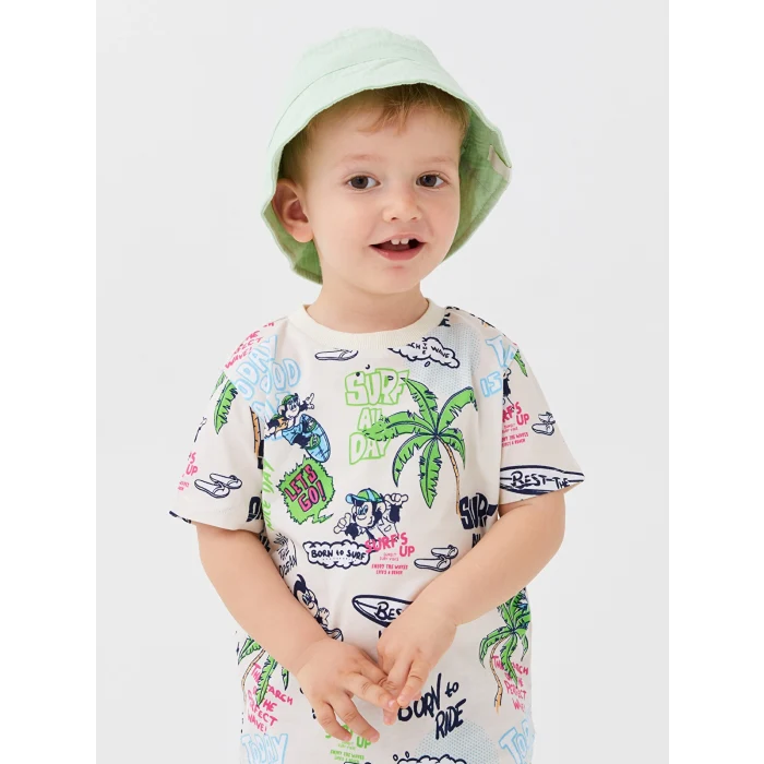 LCW baby Ekru Bisiklet Yaka Kısa Kollu Nostaljik Maymun Baskılı Erkek Bebek Tişört