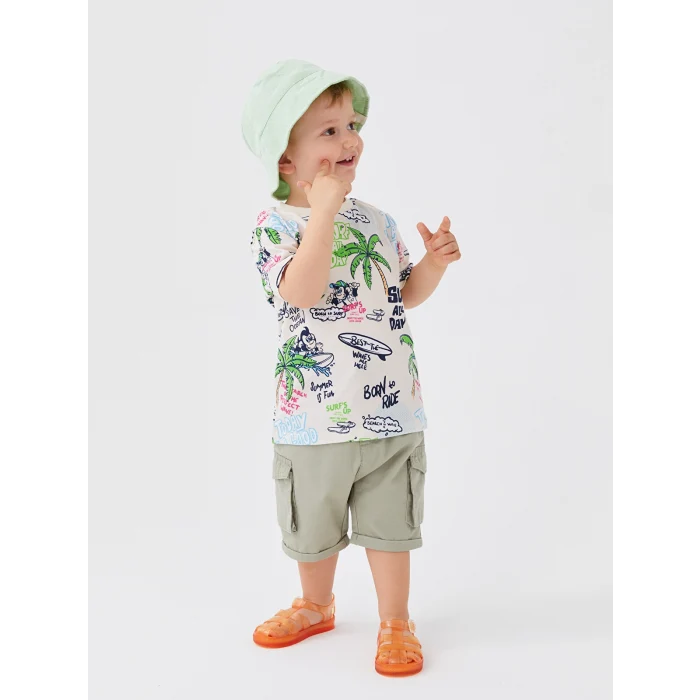 LCW baby Ekru Bisiklet Yaka Kısa Kollu Nostaljik Maymun Baskılı Erkek Bebek Tişört