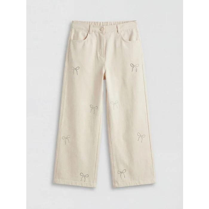 LCW Kids Ekru Kız Çocuk Taş İşlemeli Gabardin Pantolon