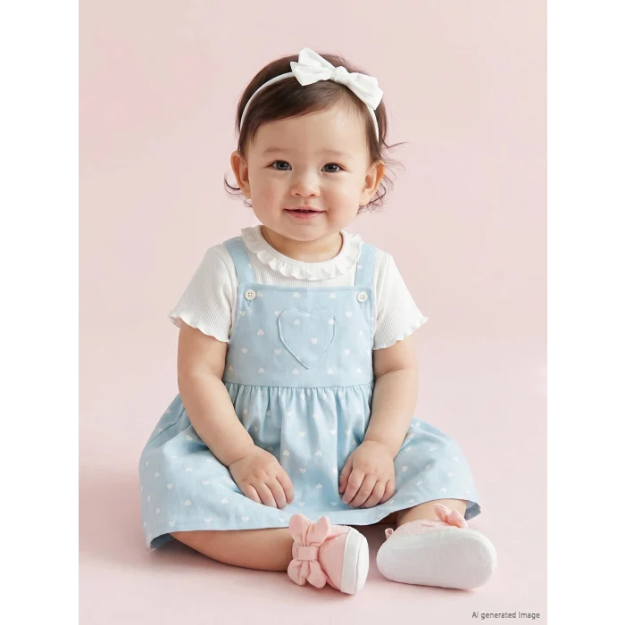LCW baby Mavi Kalp Desenli Kız Bebek Gabardin Elbise ve Tişört