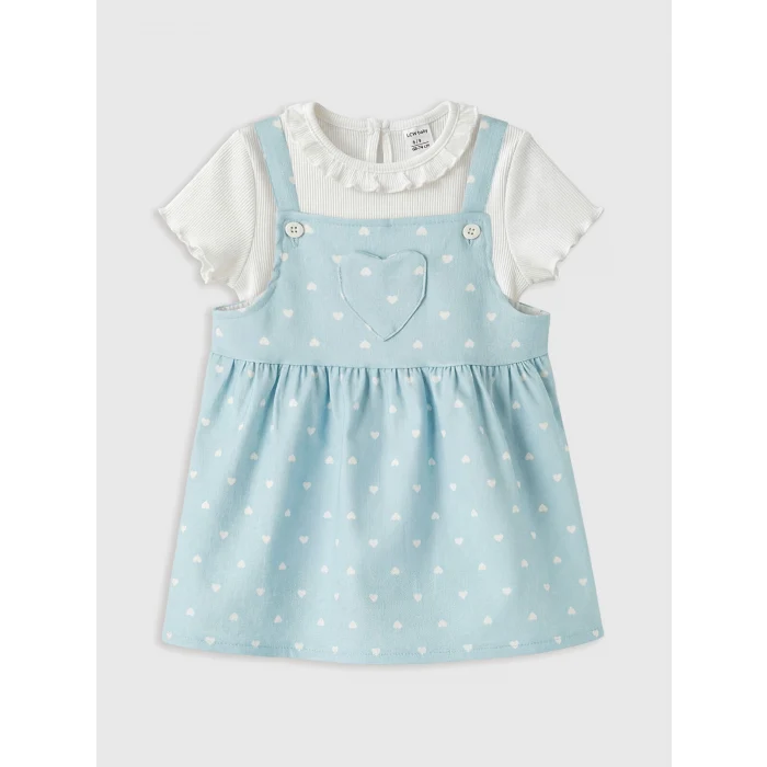 LCW baby Mavi Kalp Desenli Kız Bebek Gabardin Elbise ve Tişört