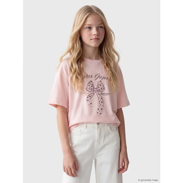 LCW Kids Pembe Bisiklet Yaka Baskılı Kız Çocuk Tişört