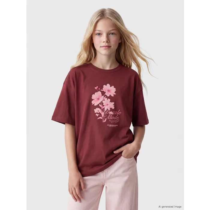 LCW Kids Bordo Bisiklet Yaka Baskılı Kız Çocuk Tişört