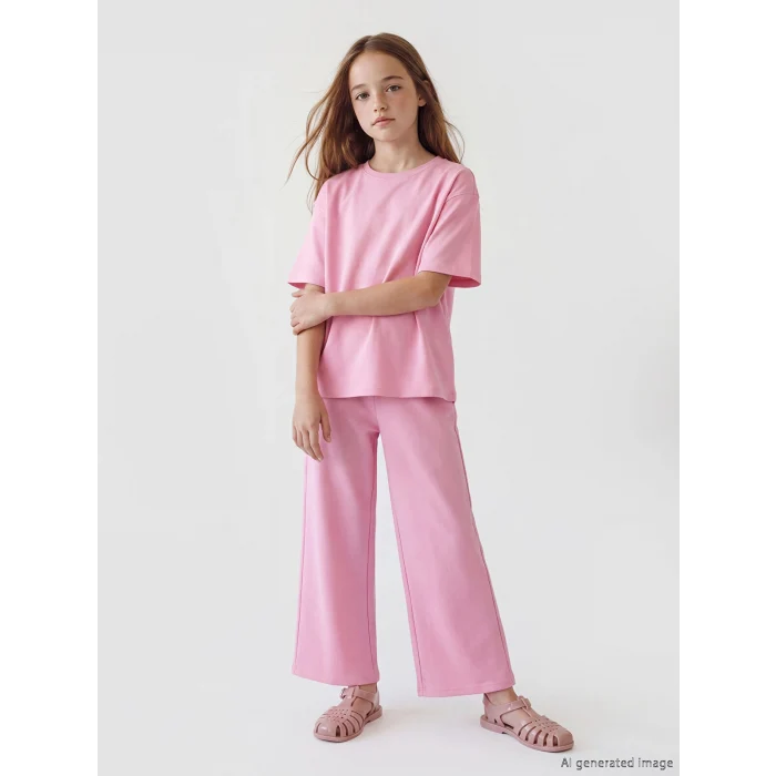 LCW Kids Pembe Bisiklet Yaka Kız Çocuk Tişört ve Eşofman Altı