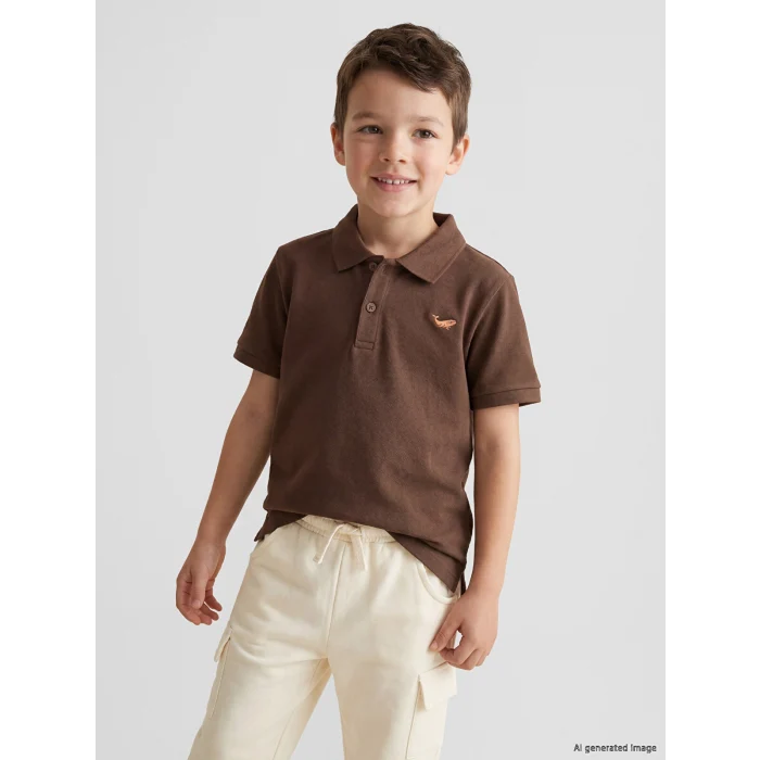 LCW Kids Kahverengi Polo Yaka Nakışlı Erkek Çocuk Tişört