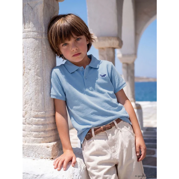LCW Kids Mavi Polo Yaka Nakışlı Erkek Çocuk Tişört