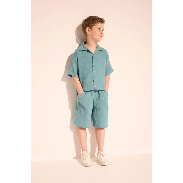 Defacto W3239A6GN382 Yeşil Oversıze Polo Yaka Müslin Kısa Kollu Gömlek Erkek Çocuk