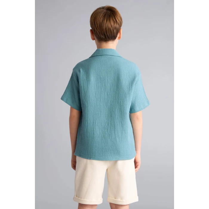 Defacto W3239A6GN382 Yeşil Oversıze Polo Yaka Müslin Kısa Kollu Gömlek Erkek Çocuk