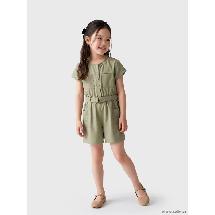 LCW Kids Yeşil Bisiklet Yaka Kemerli Kız Çocuk Gabardin Tulum