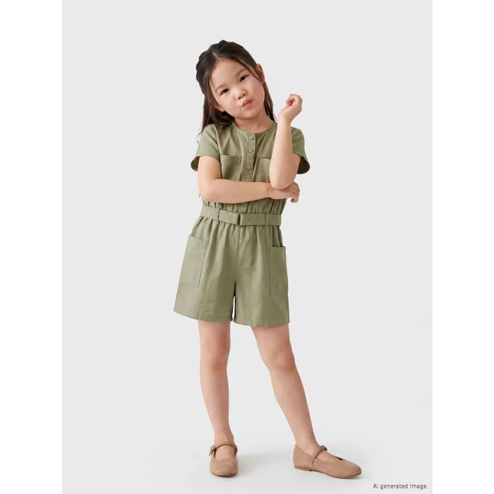 LCW Kids Yeşil Bisiklet Yaka Kemerli Kız Çocuk Gabardin Tulum