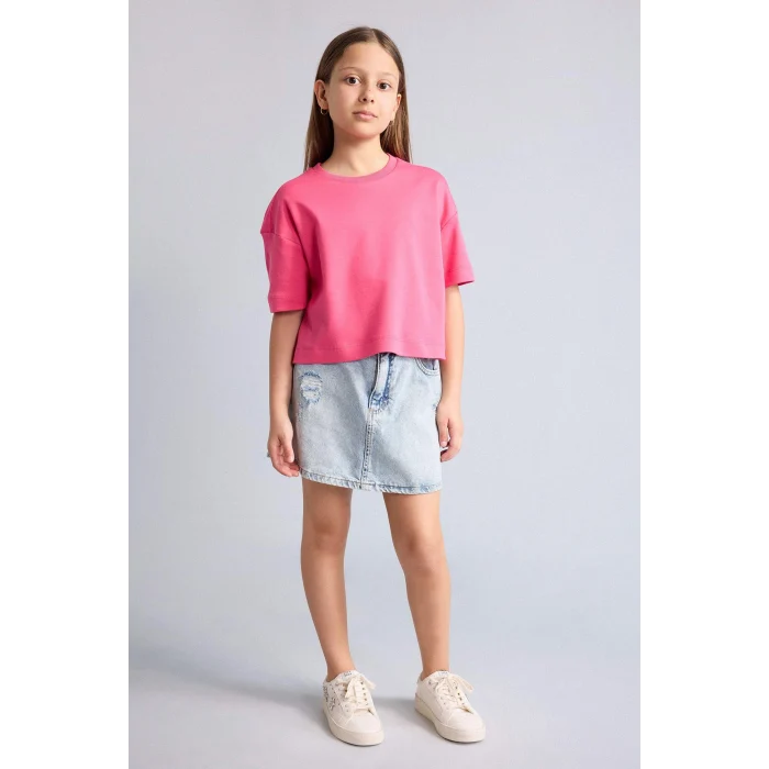 Defacto H7237A8PN201 Pembe Bisiklet Yaka Kısa Kollu Basic Tişört Kız Çocuk