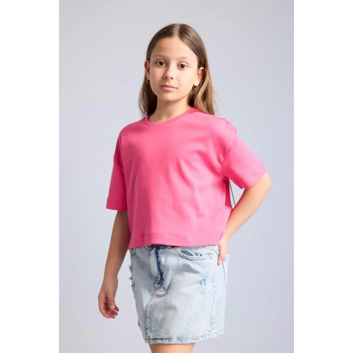 Defacto H7237A8PN201 Pembe Bisiklet Yaka Kısa Kollu Basic Tişört Kız Çocuk