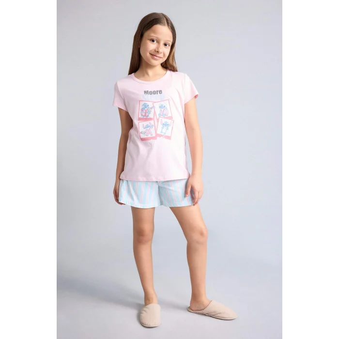 Defacto H8491A8PN645 Pembe Dısney Lılo & Stıtch Relax Fıt Şort Tişört 2li Pijama Takımı Kız Çocuk