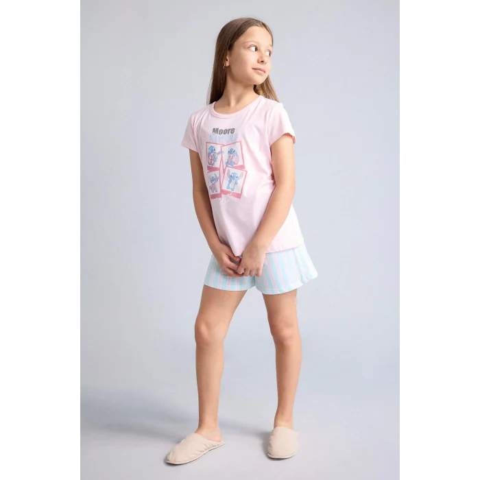 Defacto H8491A8PN645 Pembe Dısney Lılo & Stıtch Relax Fıt Şort Tişört 2li Pijama Takımı Kız Çocuk