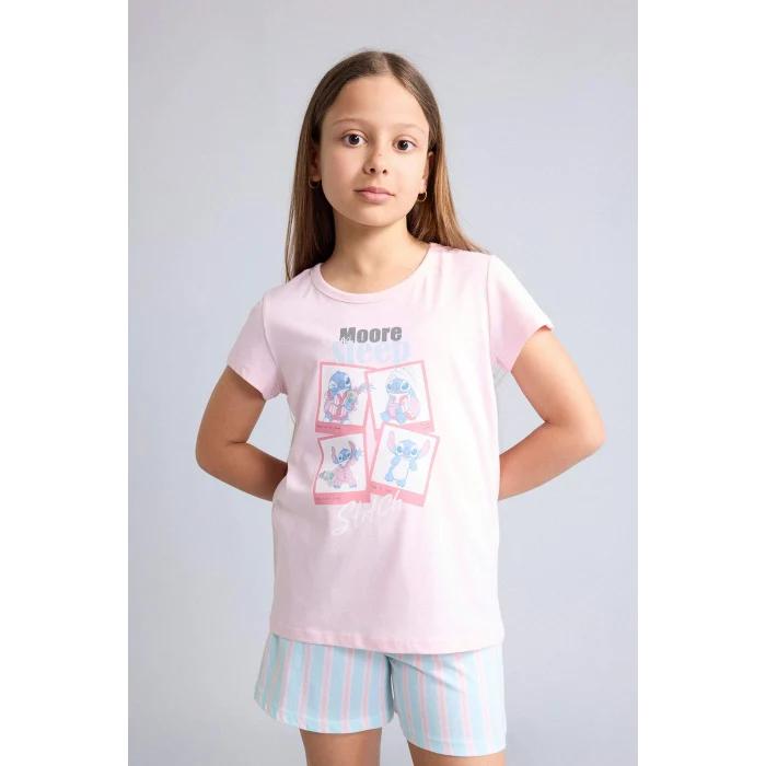 Defacto H8491A8PN645 Pembe Dısney Lılo & Stıtch Relax Fıt Şort Tişört 2li Pijama Takımı Kız Çocuk