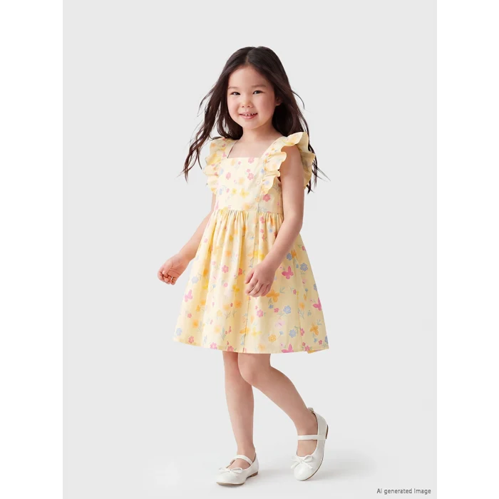 LCW Kids Ekru Kare Yaka Desenli Kız Çocuk Elbise