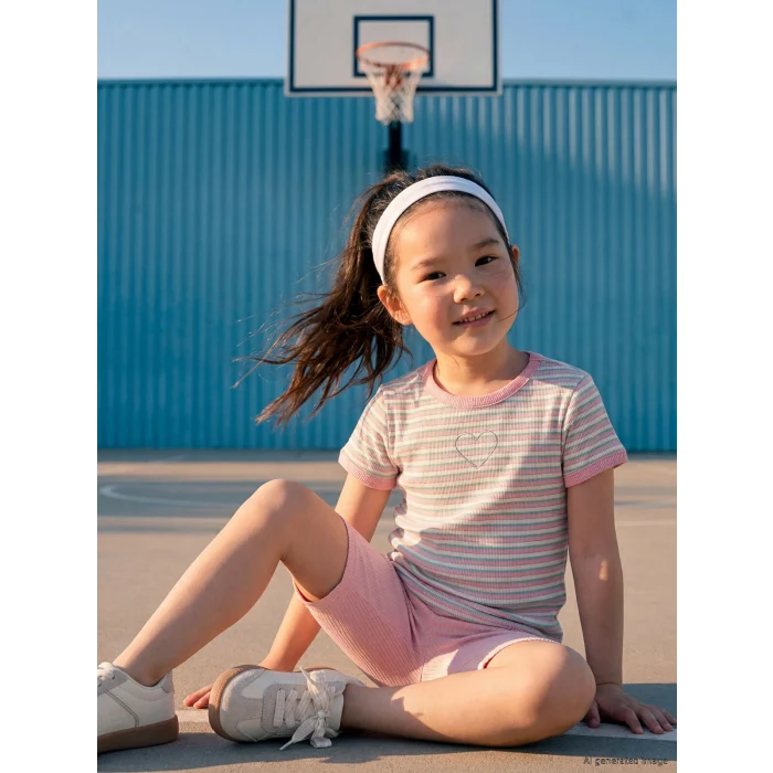 LCW Kids Pembe Simli Kalp Nakışlı Kız Çocuk Tişört
