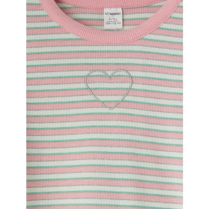 LCW Kids Pembe Simli Kalp Nakışlı Kız Çocuk Tişört