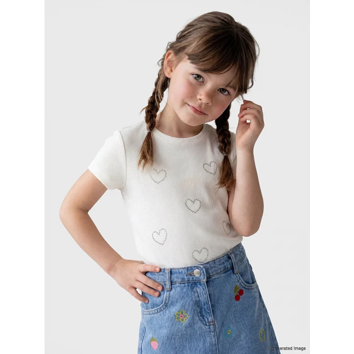 LCW Kids Beyaz Taşlı Kalp Desenli Kız Çocuk Fitilli Tişört