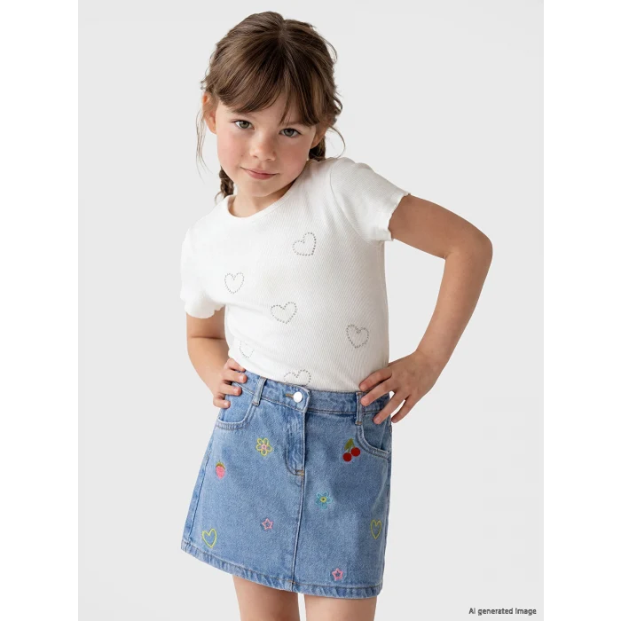 LCW Kids Beyaz Taşlı Kalp Desenli Kız Çocuk Fitilli Tişört