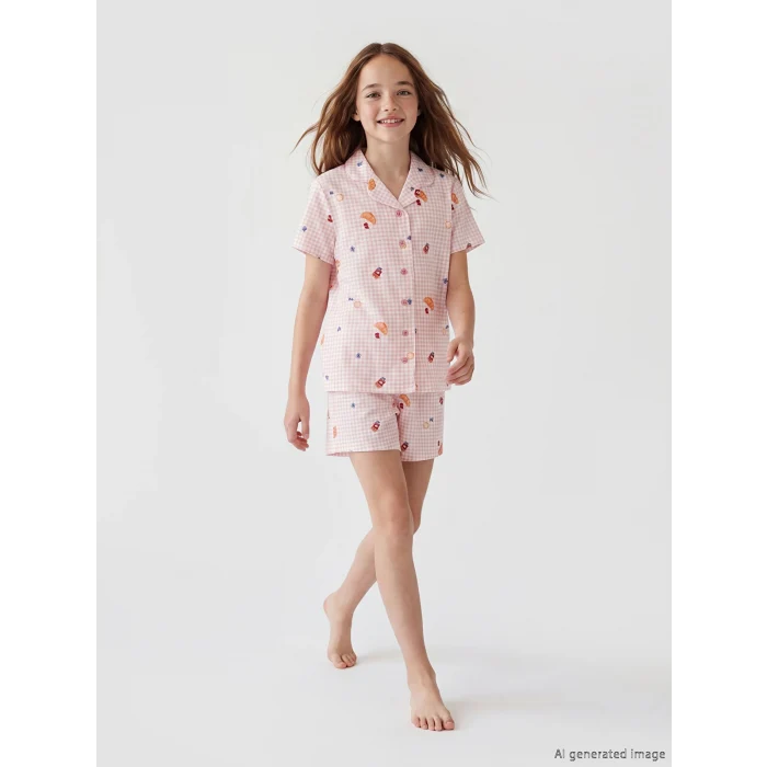 LCW Kids Ekru Gömlek Yaka Desenli Kız Çocuk Şortlu Pijama Takımı