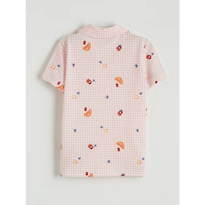 LCW Kids Ekru Gömlek Yaka Desenli Kız Çocuk Şortlu Pijama Takımı