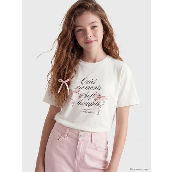 LCW Kids Beyaz Bisiklet Yaka Baskılı Kız Çocuk Tişört