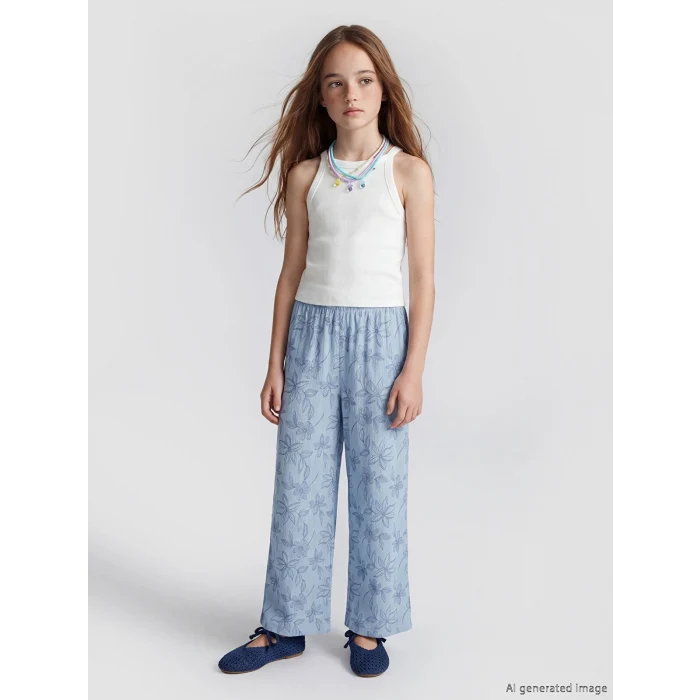 LCW Kids Mavi Çiçek Desenli Geniş Paça Kız Çocuk Pantolon