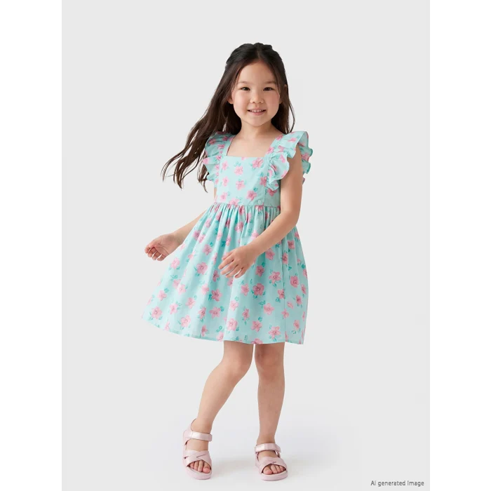 LCW Kids Yeşil Kare Yaka Desenli Kız Çocuk Elbise