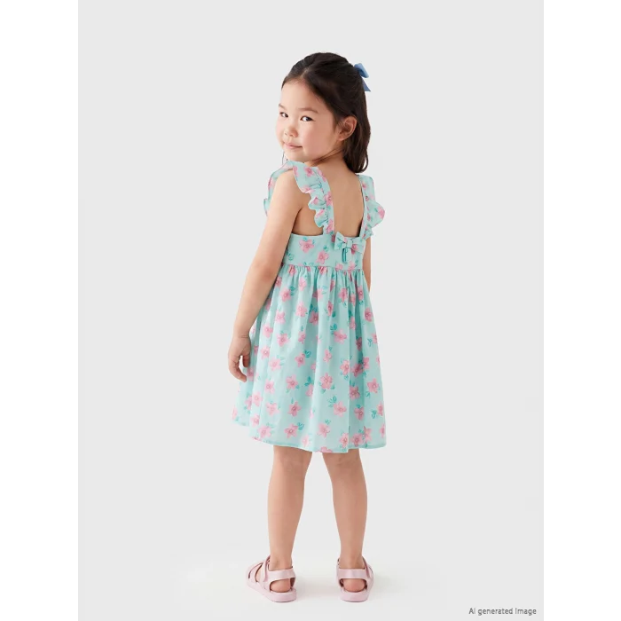 LCW Kids Yeşil Kare Yaka Desenli Kız Çocuk Elbise