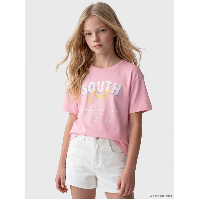 LCW Kids Pembe Bisiklet Yaka Baskılı Kız Çocuk Tişört 2li