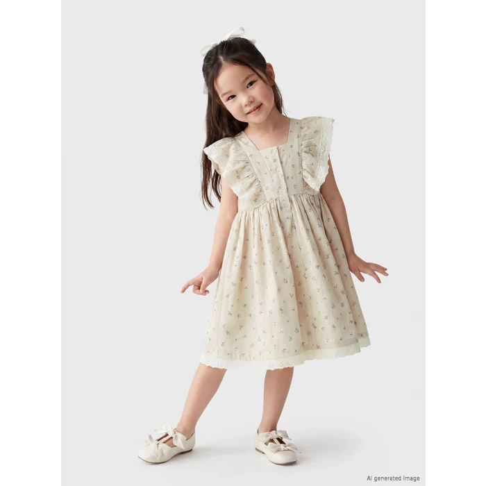 LCW Kids Bej Kız Çocuk Çiçekli Elbise