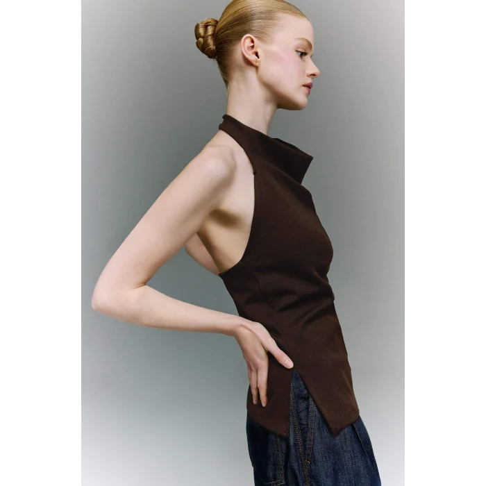 Defacto F8007AXBN267 Kahve Slım Fıt Halter Yaka Bluz