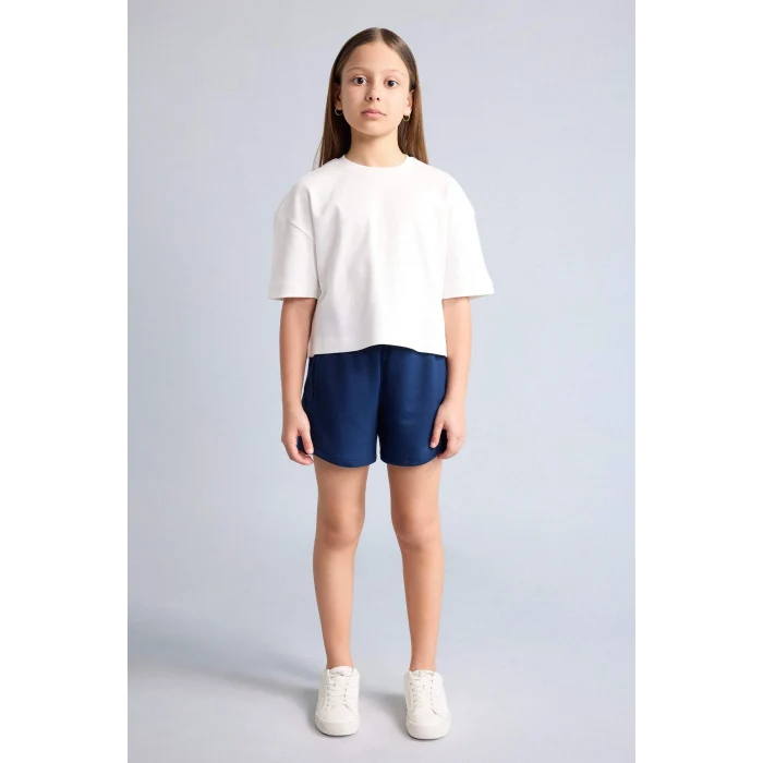 Defacto H7237A8WT34 Beyaz Oversize Bisiklet Yaka Kısa Kollu Tişört Kız Çocuk